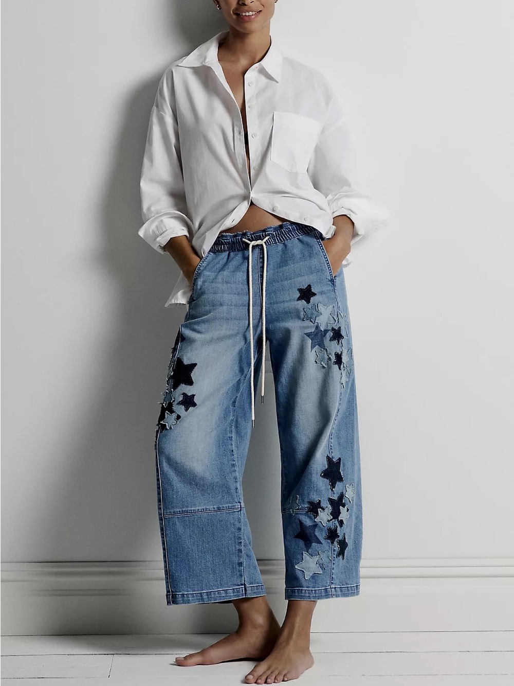 Pilcro Anthropologie Izzie Relaxed Star Pull-On Barrel Jean Size Large Petite